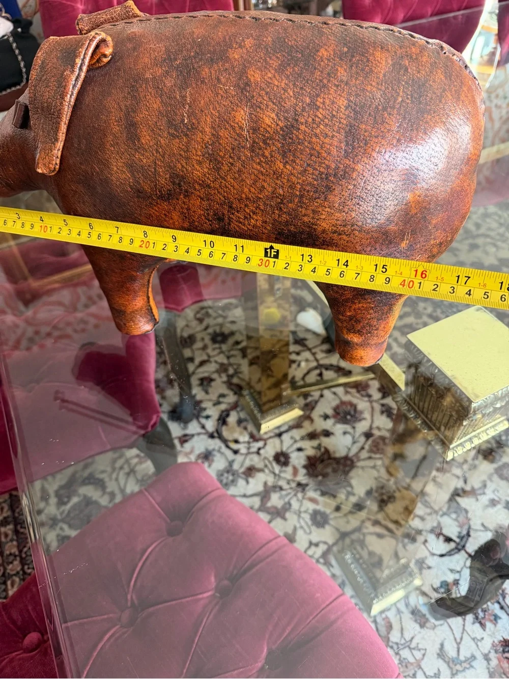 Vintage-Style Brown Leather Pig Accent - Home Dining Decor